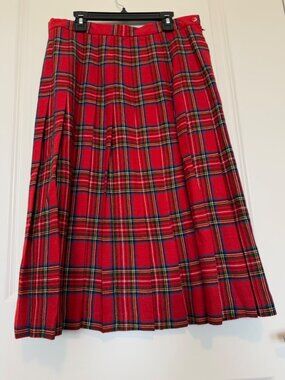 Vintage Barclay Square Red Tartan Pleated Skirt Wool Blend Size 15/16 Preppy